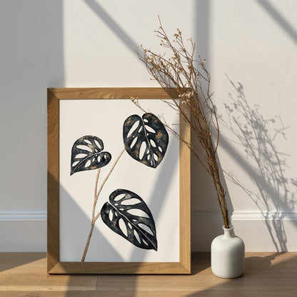 Affiche de Plante Monstera Adansonii noir et or, illustration Botanique