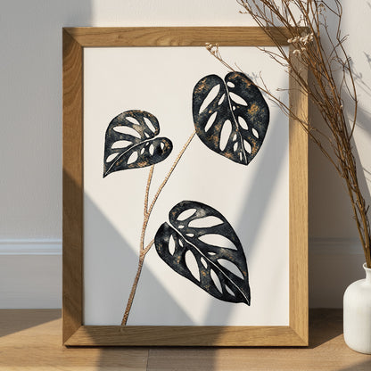 Affiche de Plante Monstera Adansonii noir et or, illustration Botanique