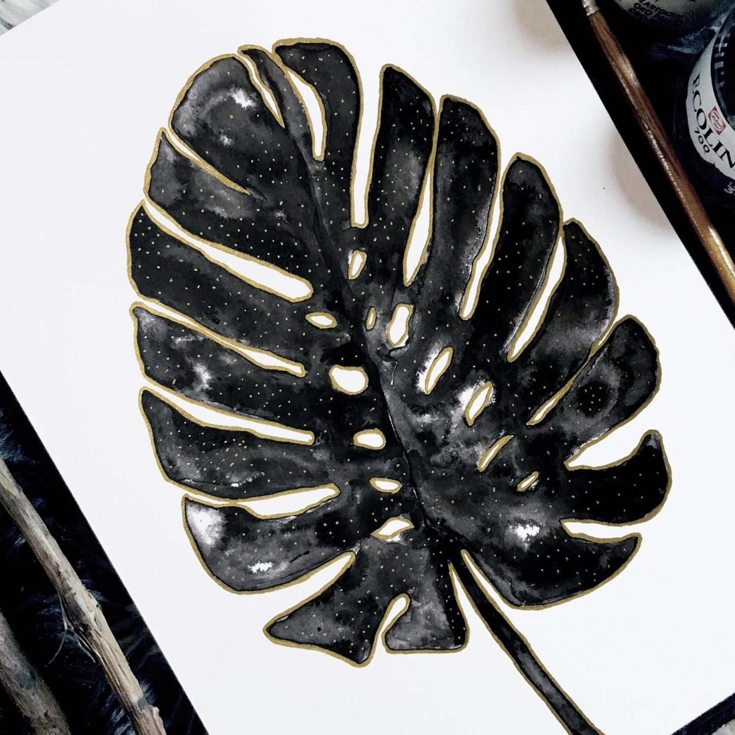 Affiche de Plante Monstera en noir et or, illustration Botanique