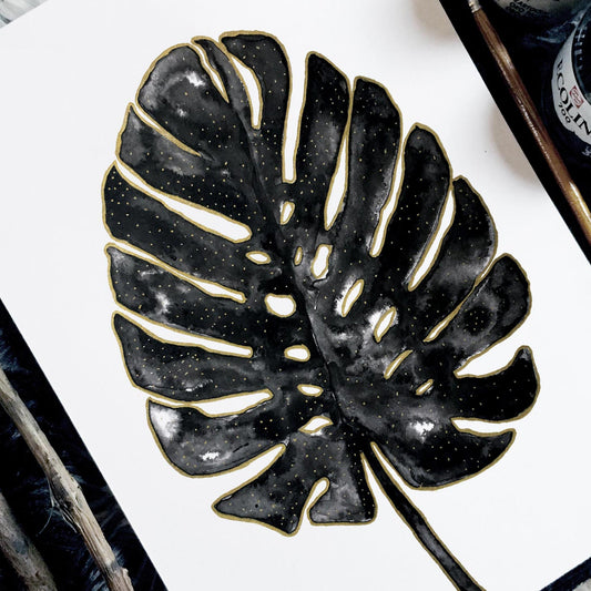 Affiche de Plante Monstera en noir et or, illustration Botanique