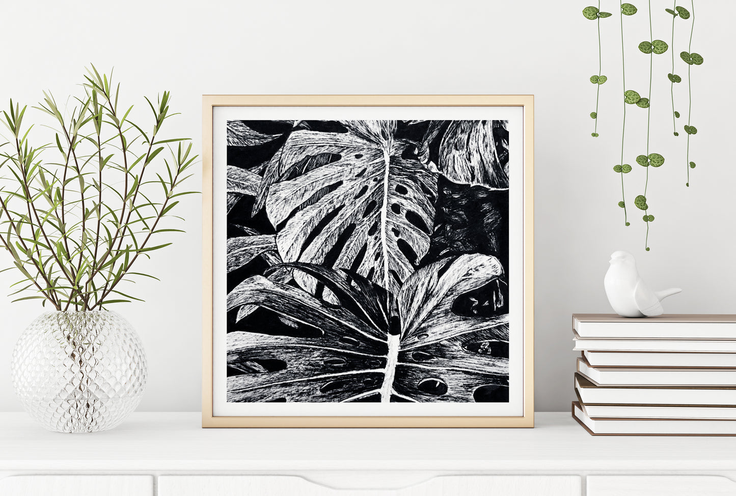 Affiche de plante Pothos, illustration botanique noir et or