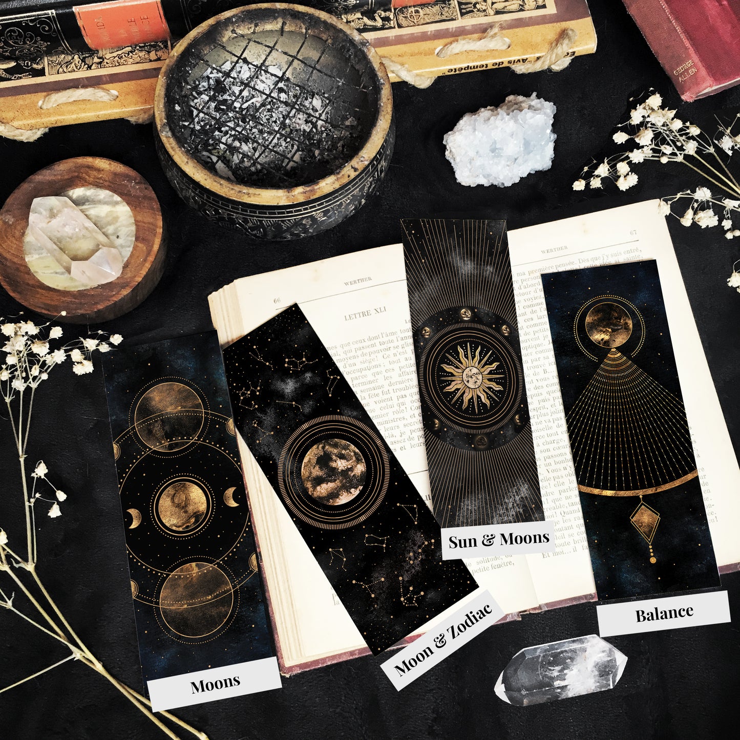 Marque Pages Célestes et witchy, Lunes Soleil Boule cristal