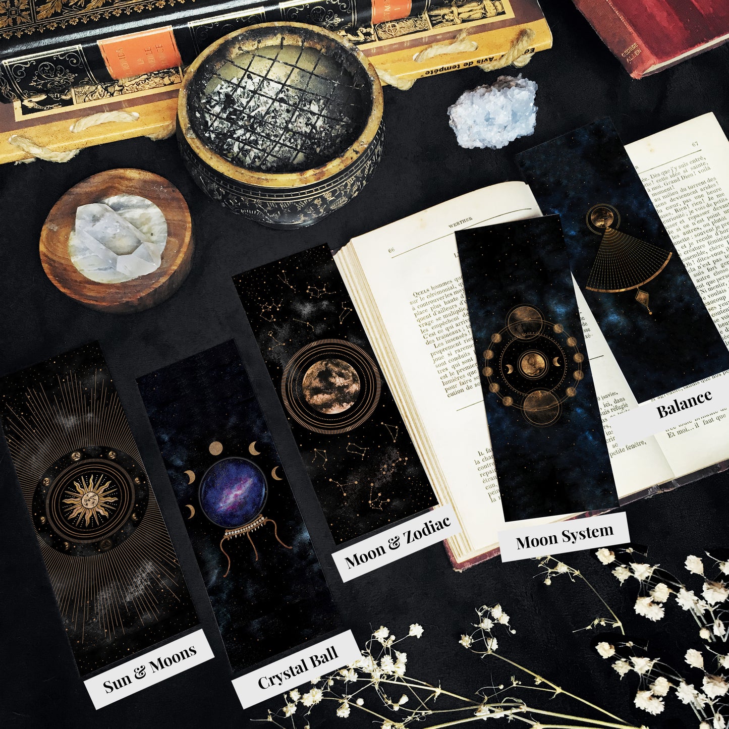 Marque Pages Célestes et witchy, Lunes Soleil Boule cristal