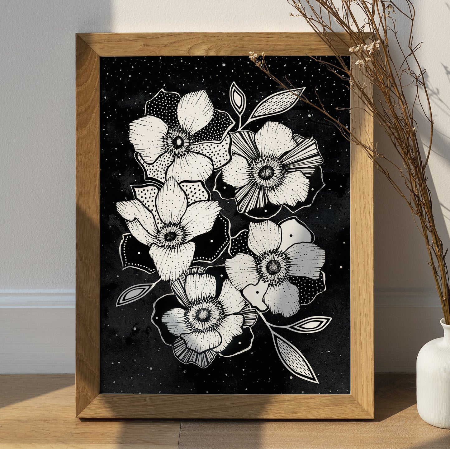 Affiche de fleurs anémones célestes, art mural floral noir et blanc