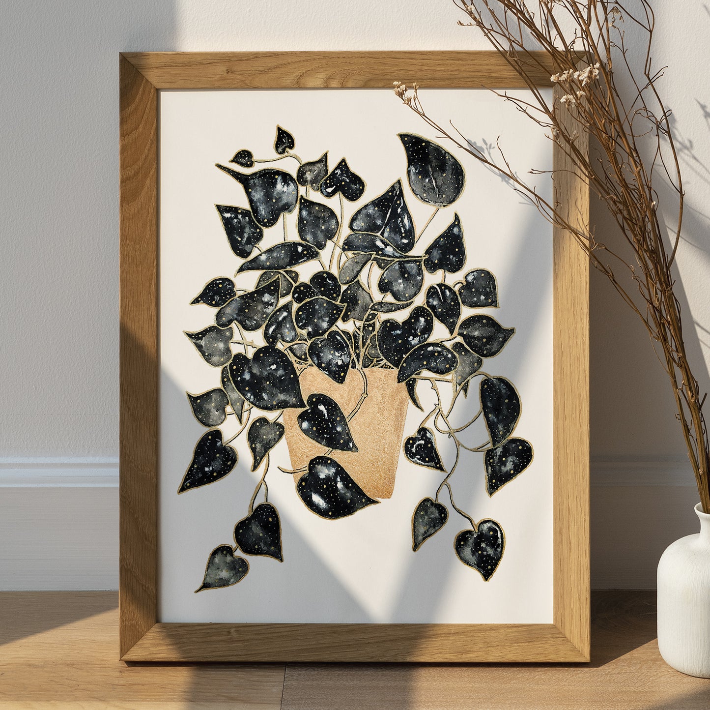 Affiche de plante Pothos, illustration botanique noir et or
