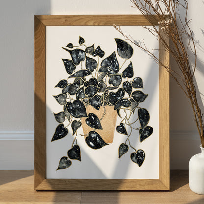 Affiche de plante Pothos, illustration botanique noir et or