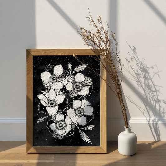 Affiche de fleurs anémones célestes, art mural floral noir et blanc