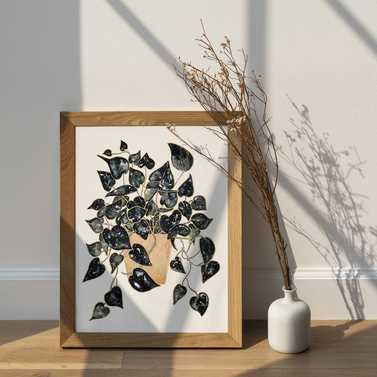 Affiche de plante Pothos, illustration botanique noir et or