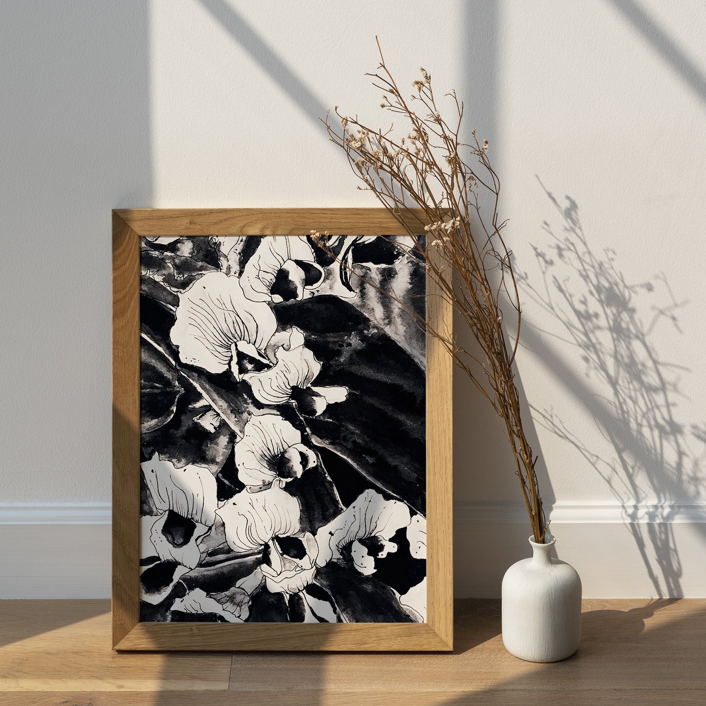 Affiche de fleurs orchidées sauvages, art mural floral noir et blanc