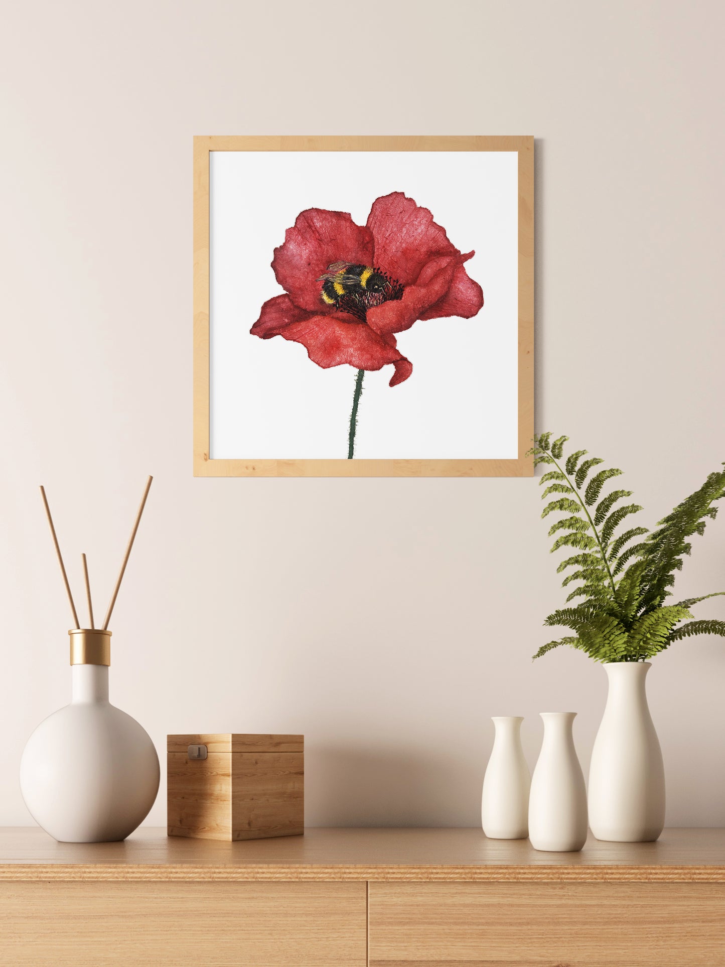 Affiche de Coquelicot et Bourdon, Affiche Florale, Illustration Botanique