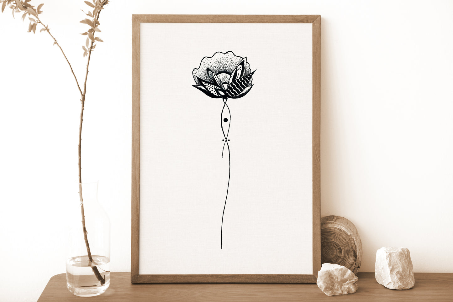 Affiche de fleurs abstraite "Harmony", art mural floral noir et blanc