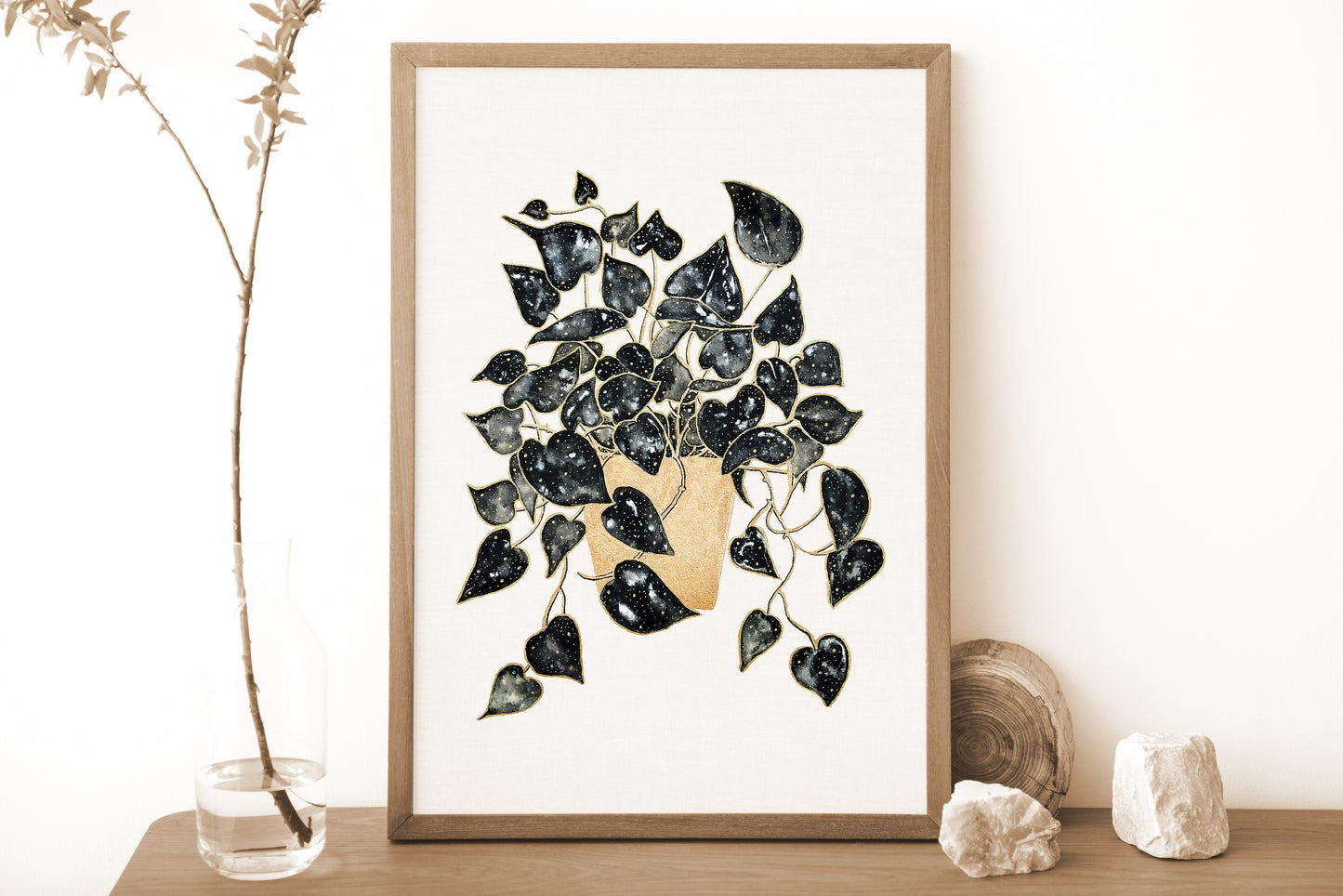Affiche de plante Pothos, illustration botanique noir et or