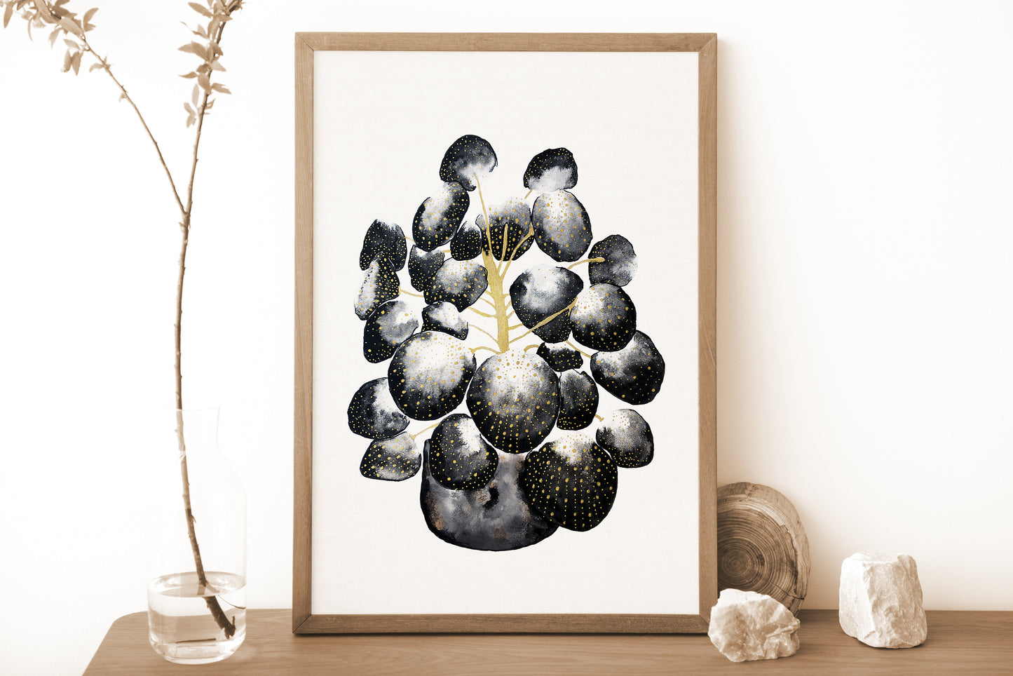 Affiche de plante Pilea, illustration botanique noir et or