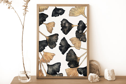Affiche de Plante Ginkgo noir et or, illustration Botanique