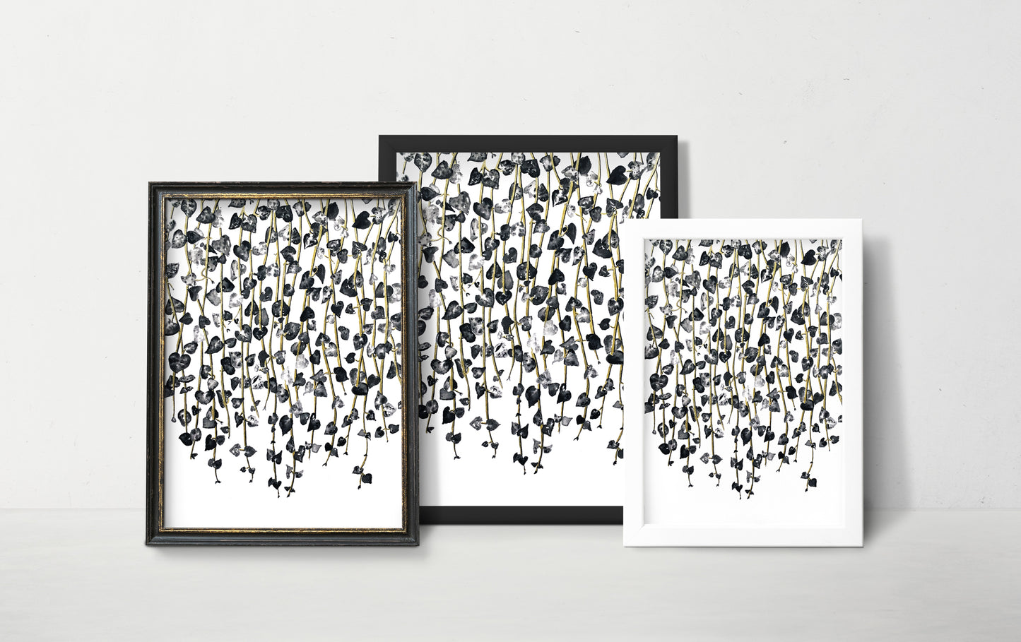 Affiche de plante Chaîne de coeurs, illustration botanique noir et or