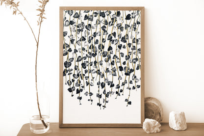 Affiche de plante Chaîne de coeurs, illustration botanique noir et or