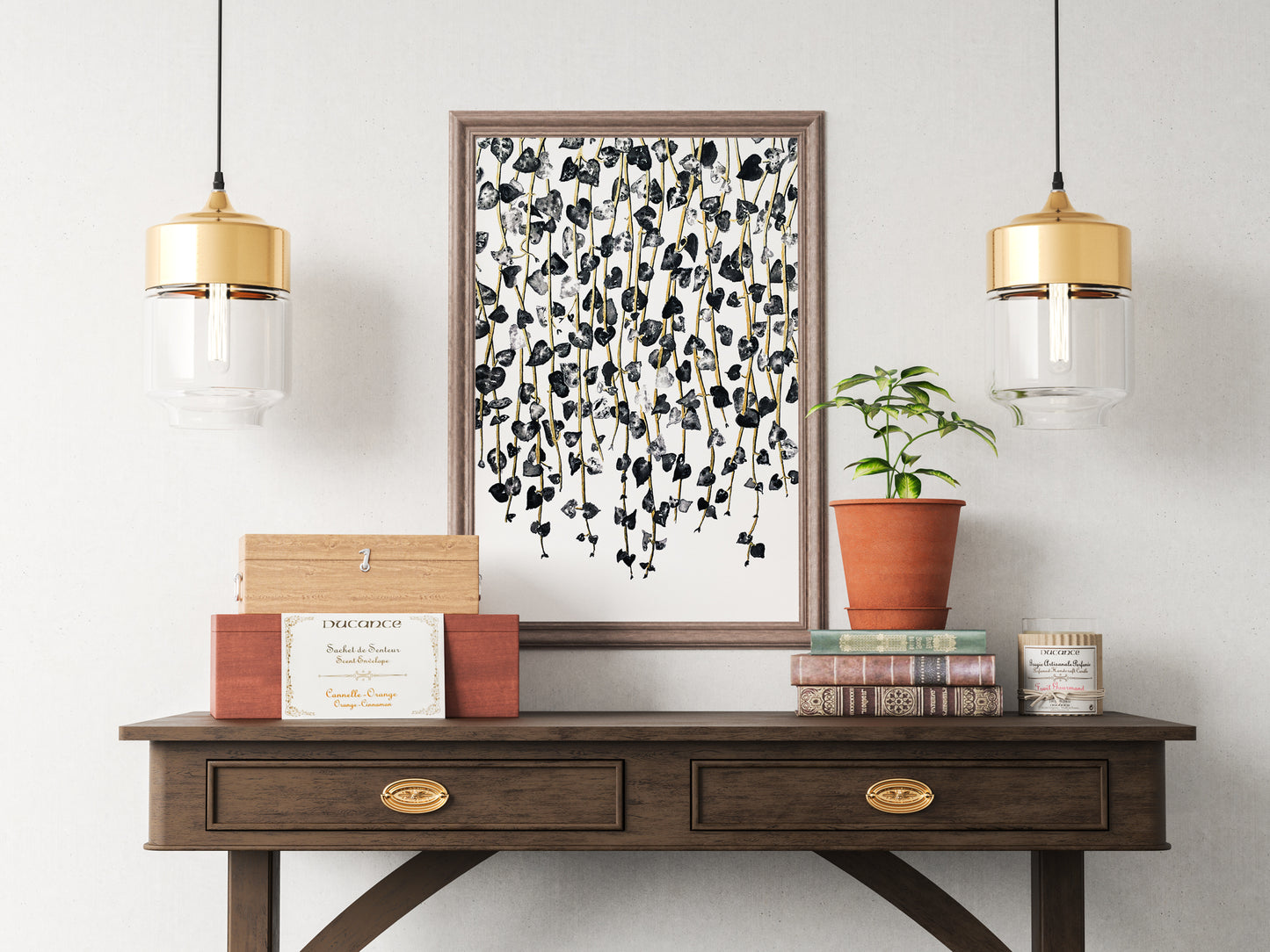 Affiche de plante Chaîne de coeurs, illustration botanique noir et or