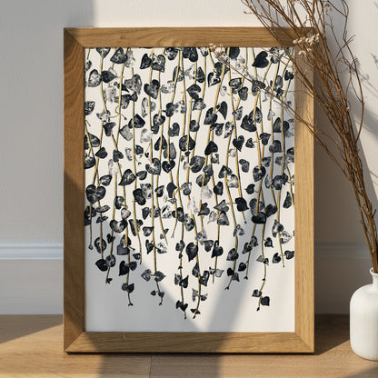 Affiche de plante Chaîne de coeurs, illustration botanique noir et or