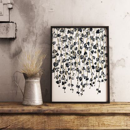 Affiche de plante Chaîne de coeurs, illustration botanique noir et or
