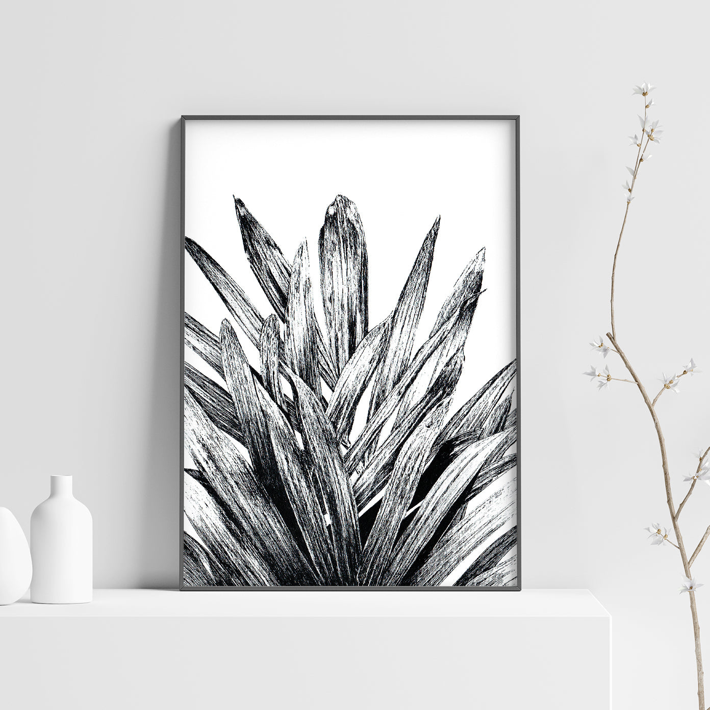 Affiche de palmier, plante tropicale, illustration botanique noir et blanc
