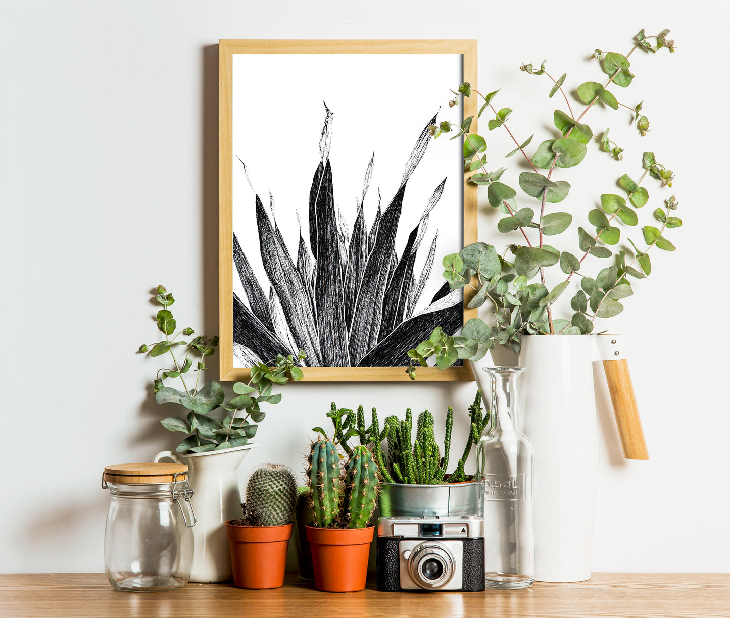Affiche de plante tropicale, illustration botanique noir et blanc de palmier