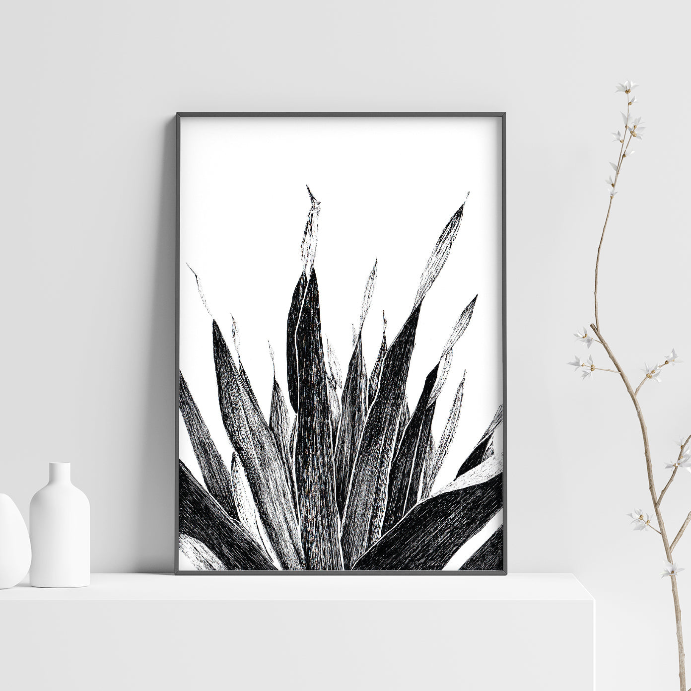 Affiche de plante tropicale, illustration botanique noir et blanc de palmier
