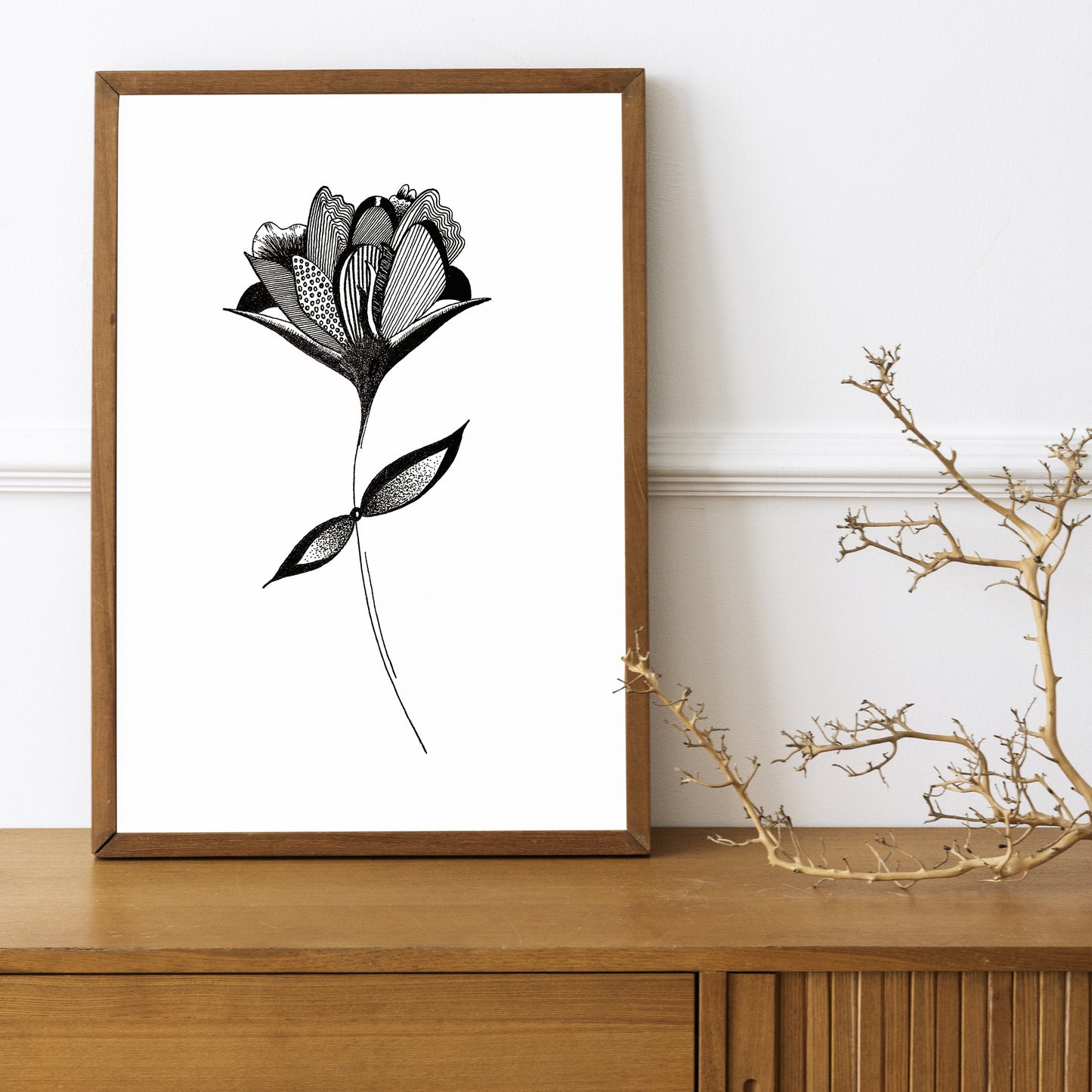 Affiche de fleurs abstraite "Embrace", art mural floral noir et blanc