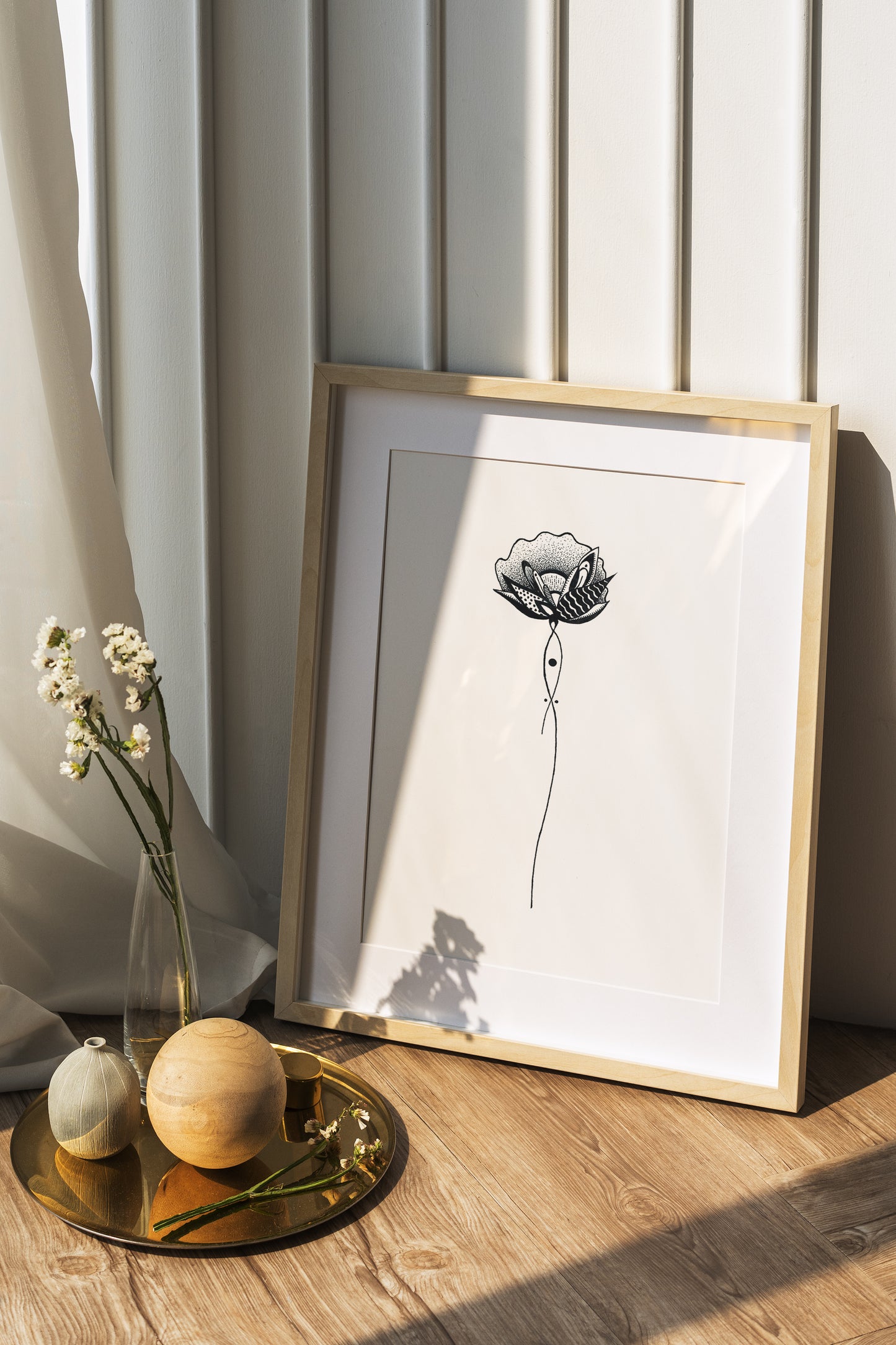 Affiche de fleurs abstraite "Harmony", art mural floral noir et blanc