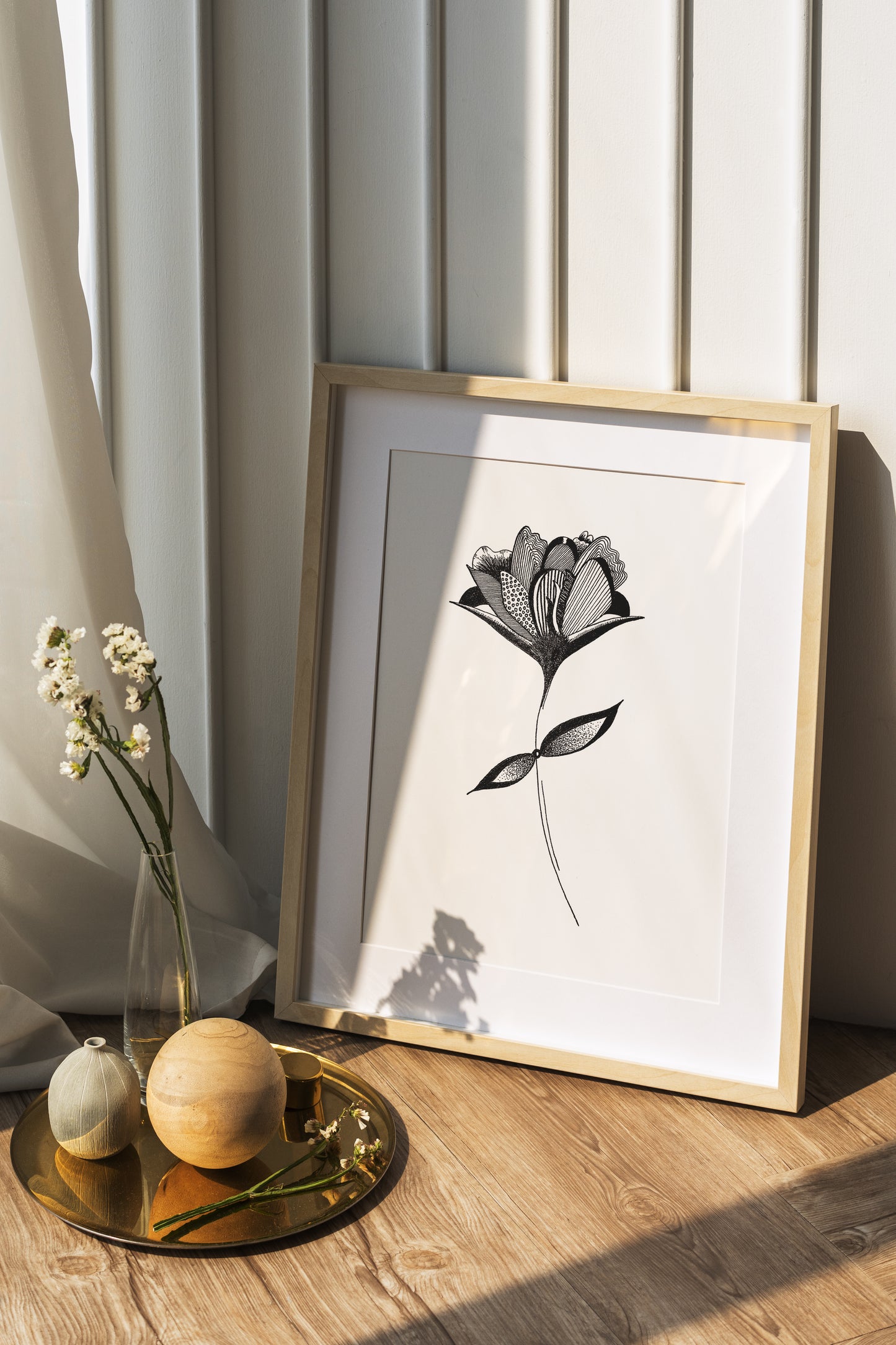 Affiche de fleurs abstraite "Embrace", art mural floral noir et blanc