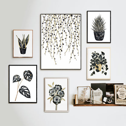 Affiche de plante Chaîne de perles, illustration botanique noir et or
